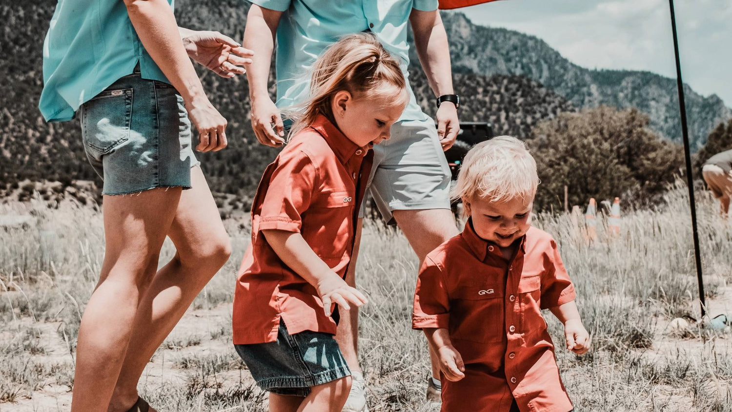 YOUTH. Kids play outdoors in GameGuard Youth Original Shirts matching the adult versions. Youth outdoor shirts, mini Original Shirt, UPF 50+, moisture-wicking, quick-dry kids' gear, family matching apparel, GameGuard youth collection, western kidswear.