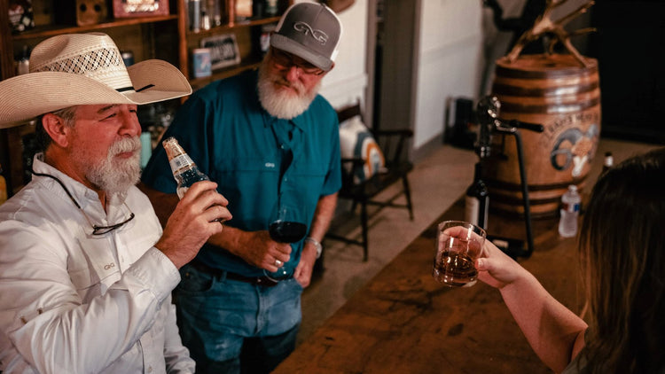 MICROFIBER. Men enjoy drinks in GameGuard Original MicroFiber Shirts—lightweight, UPF 50+, vented, stain-resistant. Quick-dry MicroFiber shirts, outdoor casual shirts, wrinkle-free shirts, western performance apparel, GameGuard moisture-wicking gear.