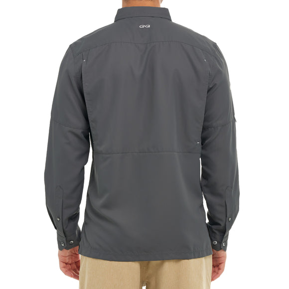 Back view of the grey color gunmetal microfiber shirt