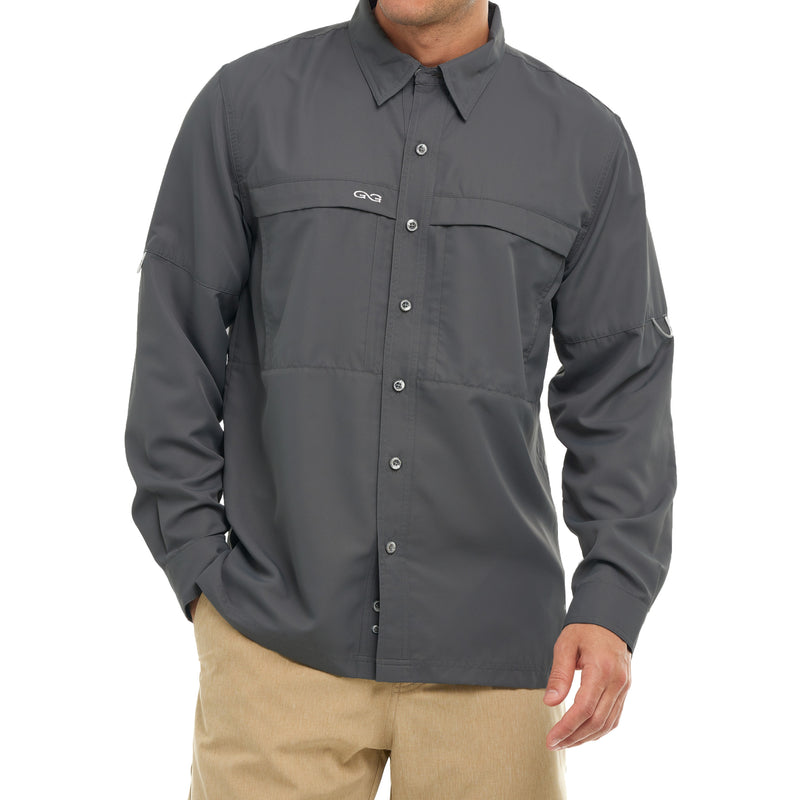 Load image into Gallery viewer, Man relaxed wearing classic fit gunmetal microfiber shirt
