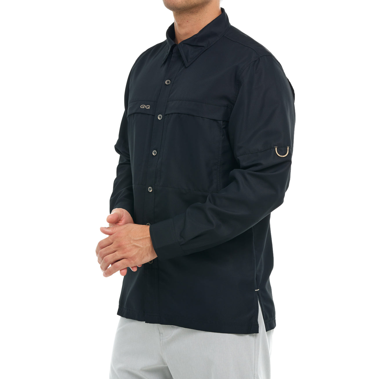 Side view of GameGuard Caviar Classic MicroFiber Shirt in long sleeve, providing robust protection and style for outdoor enthusiasts.  long sleeve fishing shirt mens