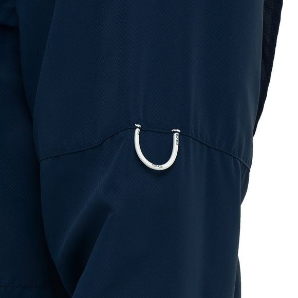 Bungee loop system for rolling up sleeves on microfiber shirt