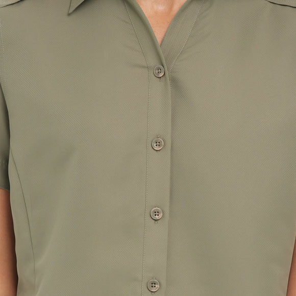 Close-up of the front of the Mesquite Ladies' Shirt, showing the buttoned collar and microfiber fabric in green.