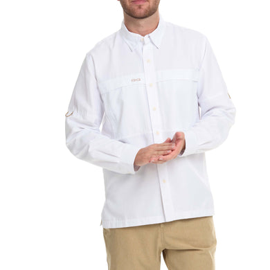 Front view of a man wearing the GameGuard Explorer Shirt (long sleeve) in white. Built for fishing and a relaxed lifestyle.