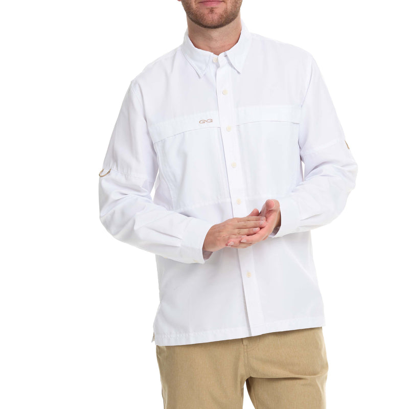 Load image into Gallery viewer, Front view of a man wearing the GameGuard Explorer Shirt (long sleeve) in white. Built for fishing and a relaxed lifestyle.
