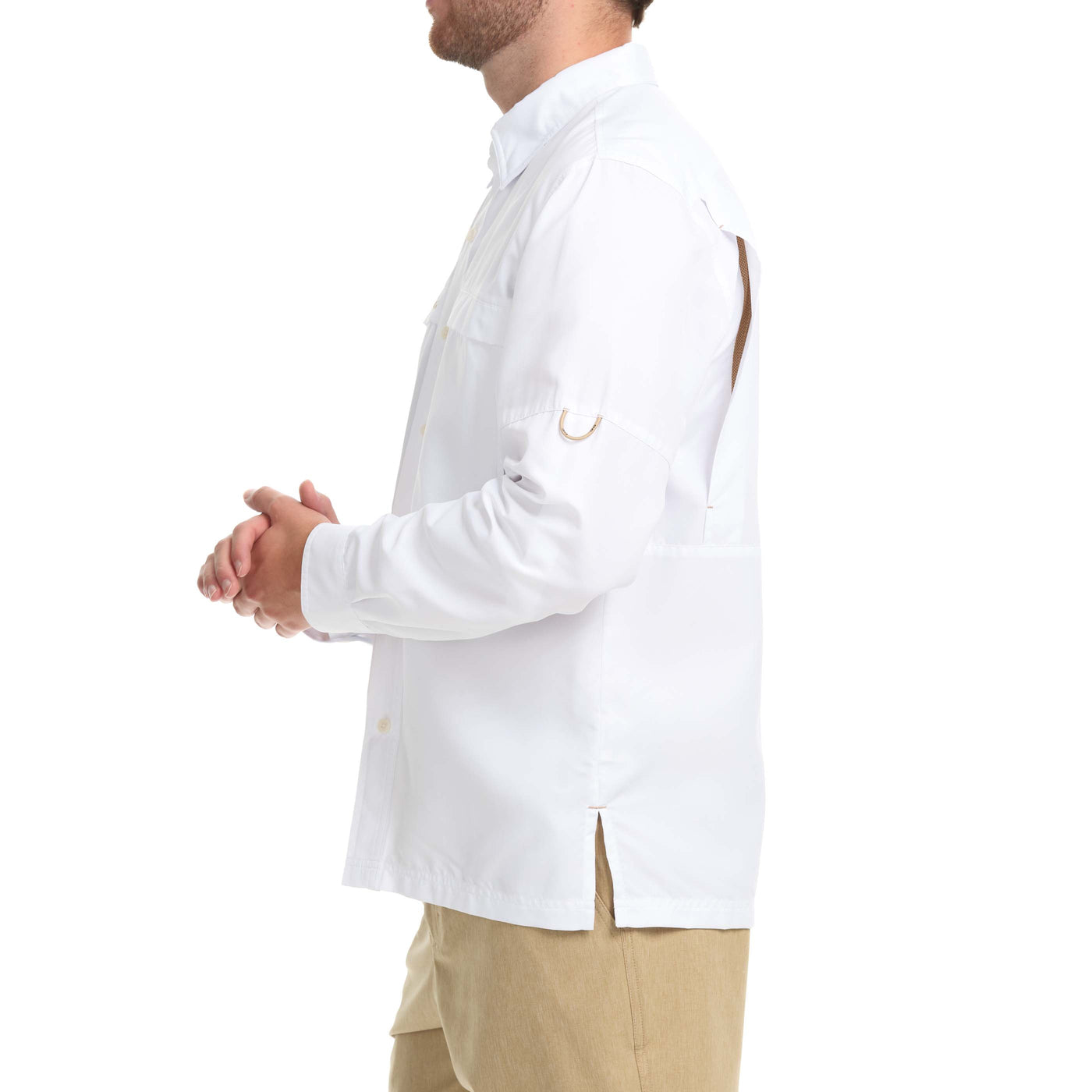 Side view of a man wearing the GameGuard Explorer Shirt (long sleeve) in white. It is a comfortable and trustworthy shirt.