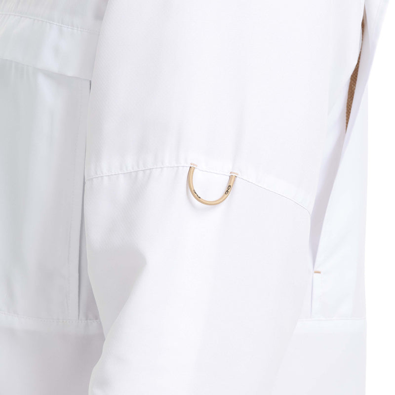 Load image into Gallery viewer, Close-up of the sleeve of the GameGuard Explorer Shirt (long sleeve) in white, featuring a bungee loop system.
