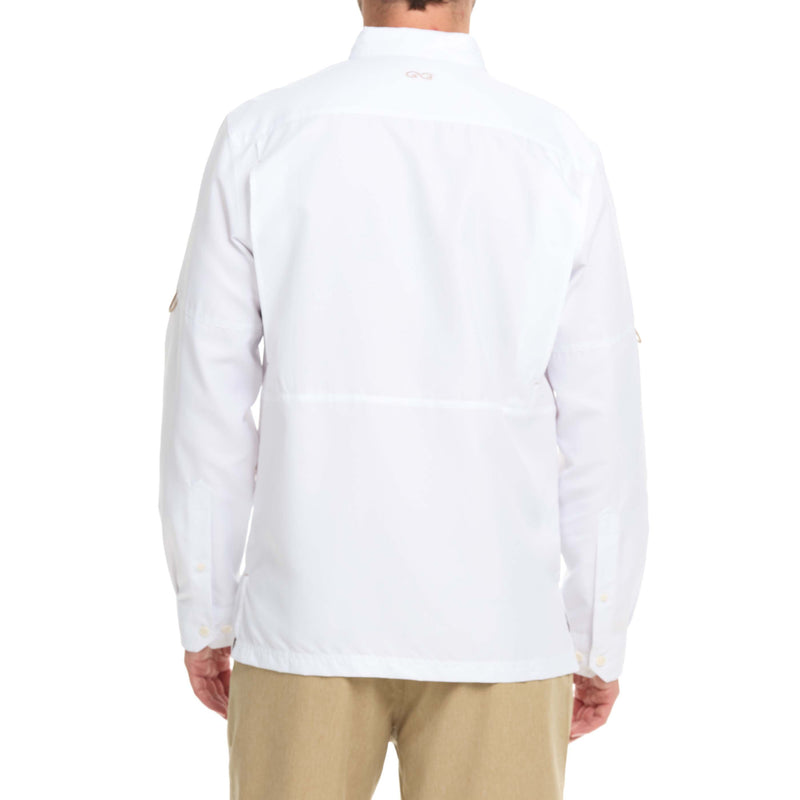 Load image into Gallery viewer, Back view of a man wearing the GameGuard Explorer Shirt (long sleeve) in white. It is the ultimate button down shirt.
