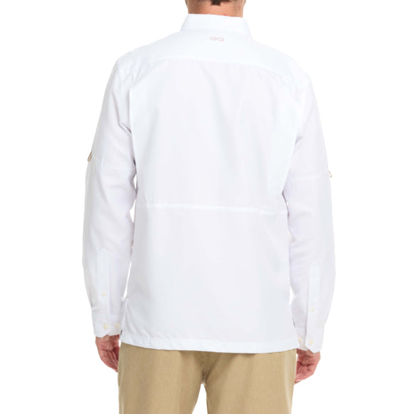 Back view of a man wearing the GameGuard Explorer Shirt (long sleeve) in white. It is the ultimate button down shirt.