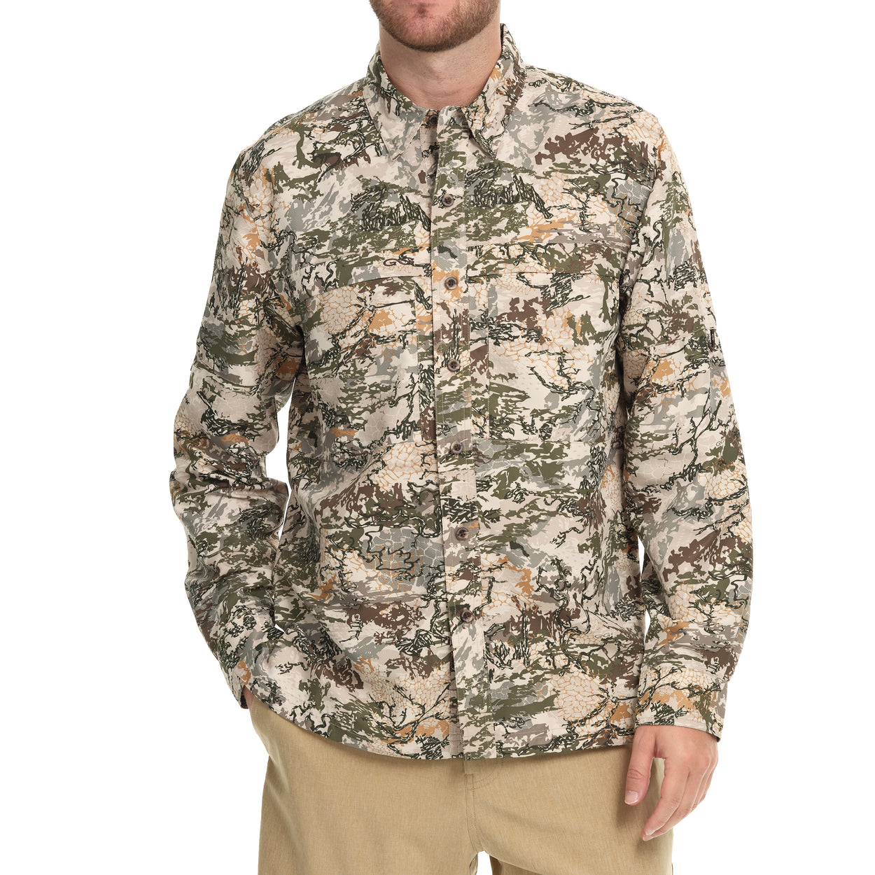 Front view of a man wearing the GameGuard Explorer Shirt (long sleeve), a shirt with a digital camouflage pattern.