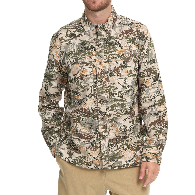 Cargue la imagen en el visor de la galería, Front view of a man wearing the GameGuard Explorer Shirt (long sleeve), a shirt with a digital camouflage pattern.
