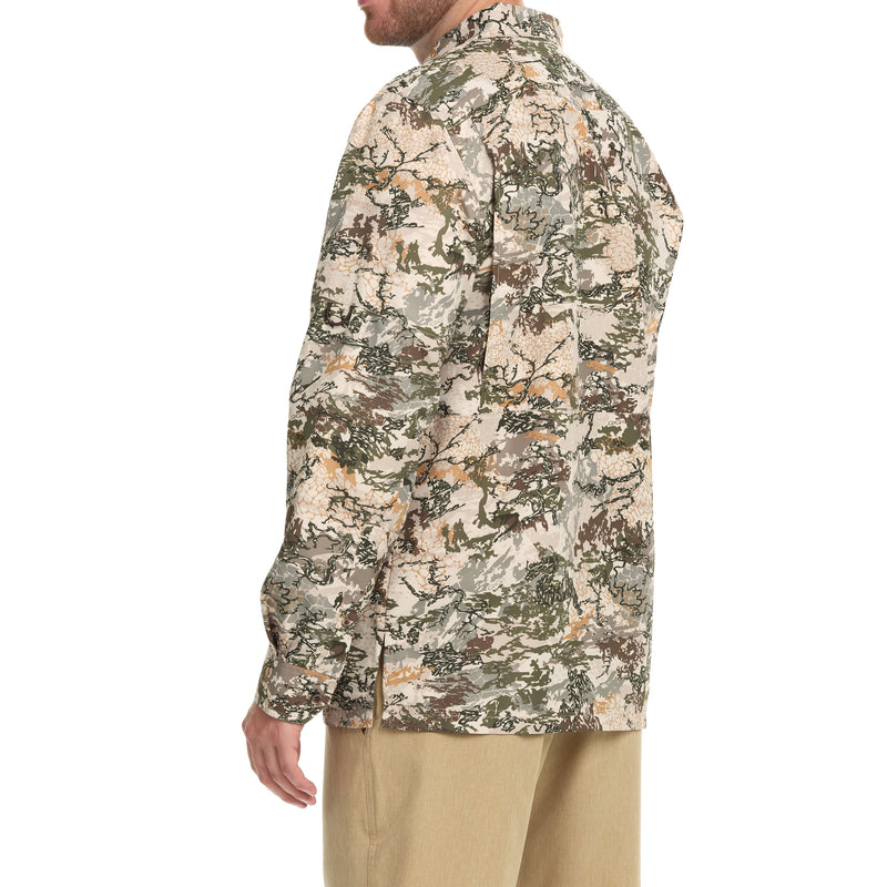 Cargue la imagen en el visor de la galería, Back view of a man wearing the GameGuard Explorer Shirt (long sleeve), a shirt with a digital camouflage pattern.
