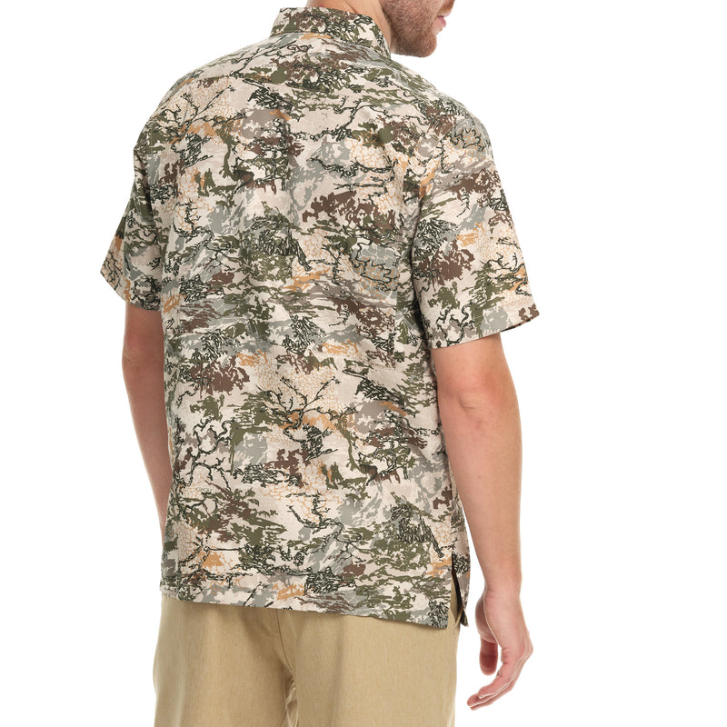 Cargue la imagen en el visor de la galería, Back view of a man wearing the GameGuard Digital Explorer Shirt, a short-sleeve shirt with a digital camouflage pattern.
